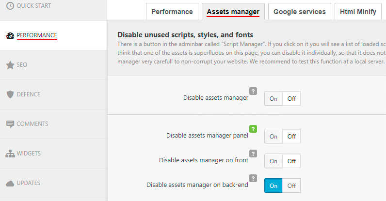 Clearfy assets manager settings