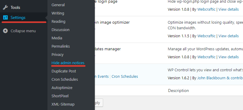 Settings -> Hide admin notices